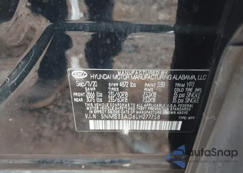 2020 Hyundai Santa Fe Sel z USA, uszkodzony, nr VIN 5NMS33AD6LH277758